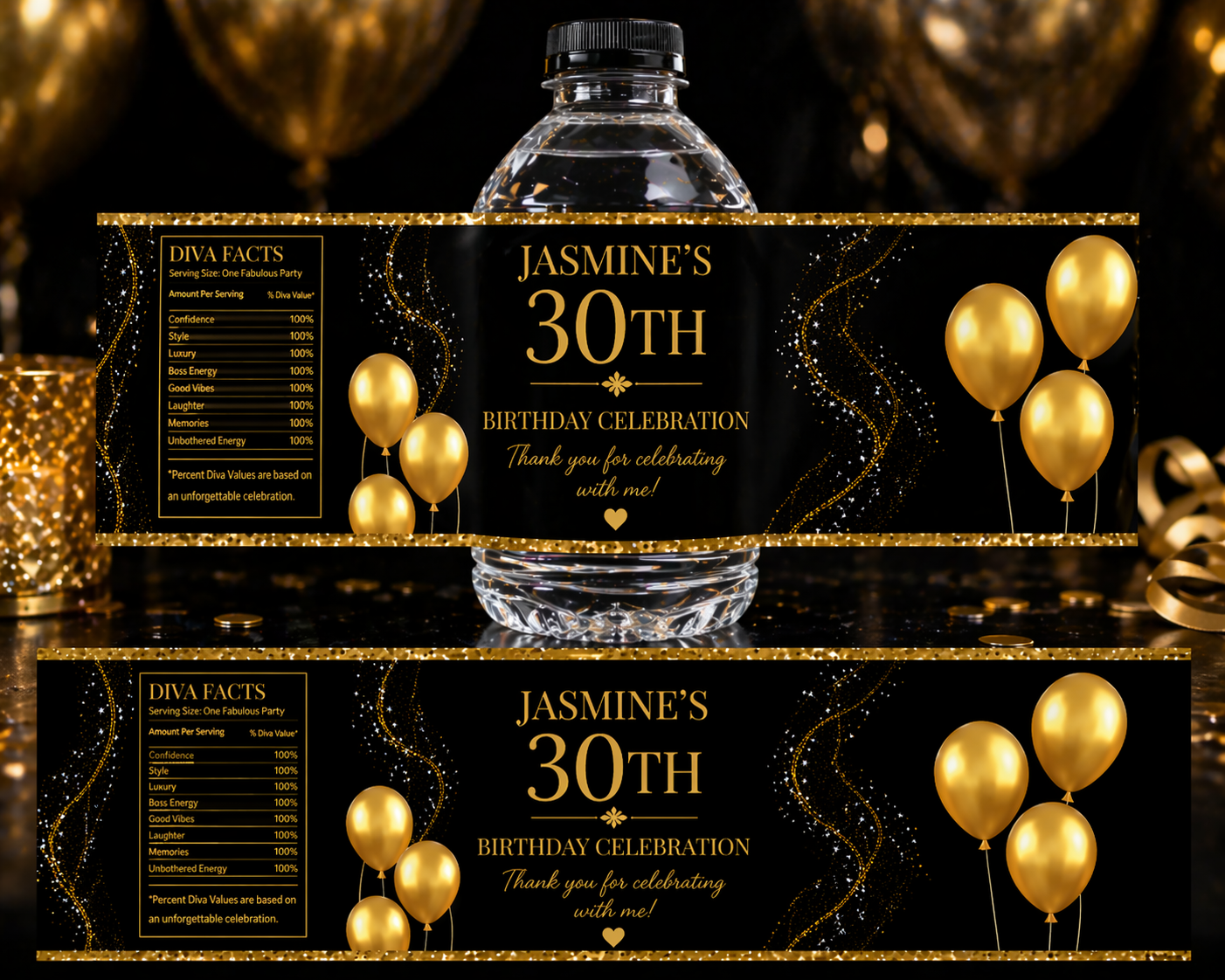 Custom Water bottles (set of 6) -Luxury Black and Gold