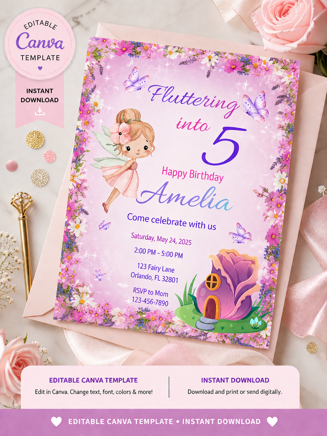 Fluttering Into Birthday Invitation
Editable Canva Template | Fairy Butterfly Theme