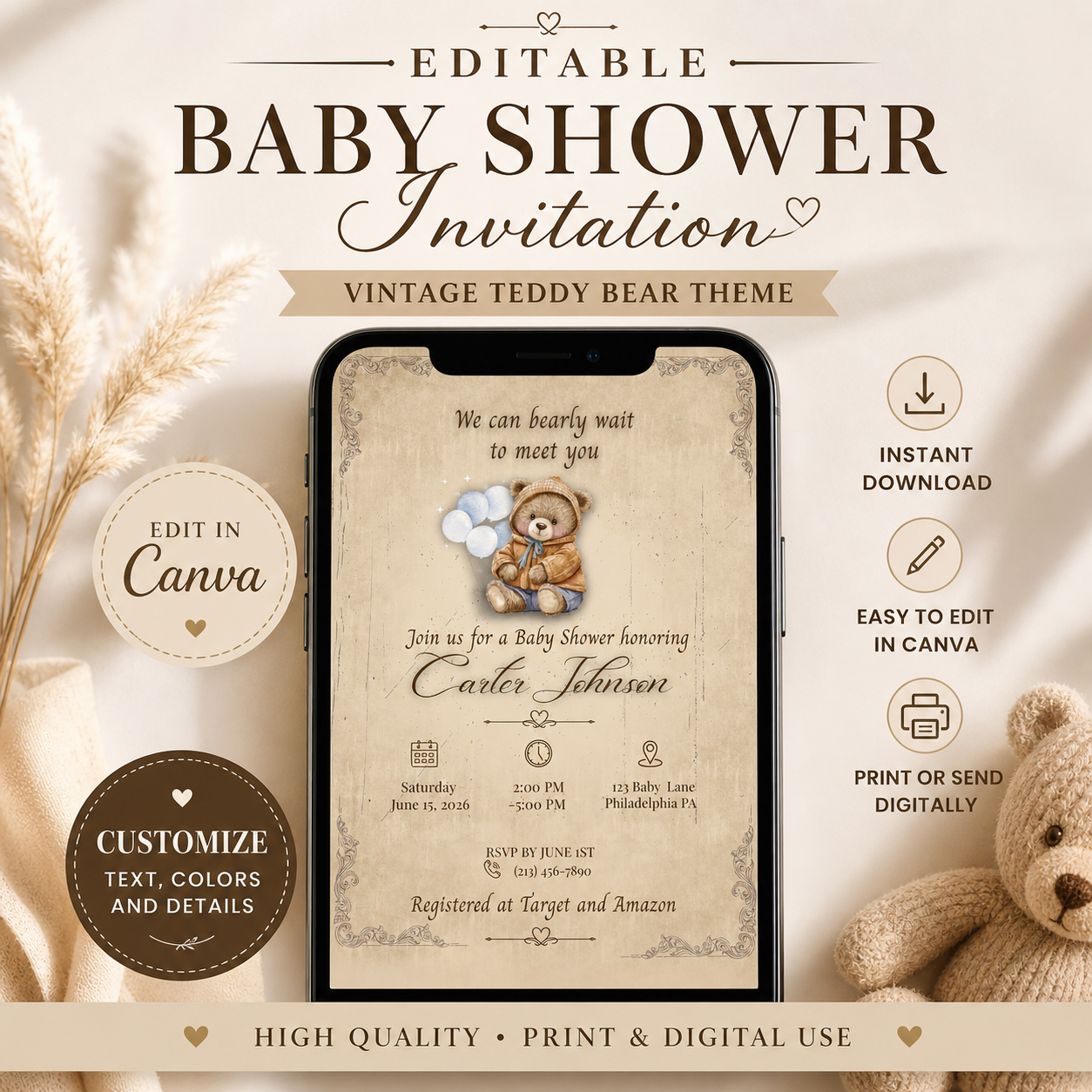 Vintage Teddy Baby Shower Digital Download (Editable in Canva)