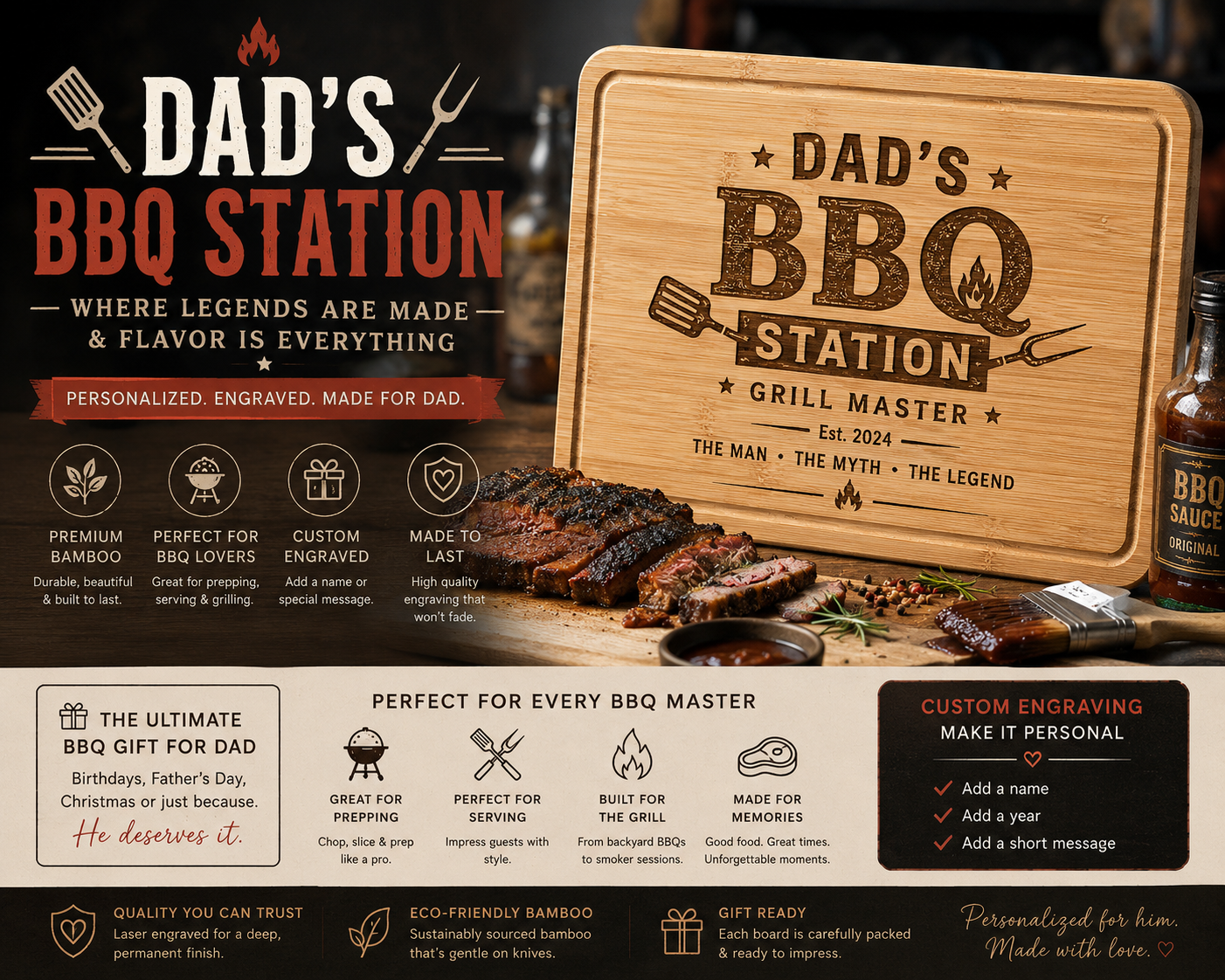 Personalized BBQ Cutting Board for Dad | Custom Engraved Grill Master Gift | Father’s Day Bamboo Board